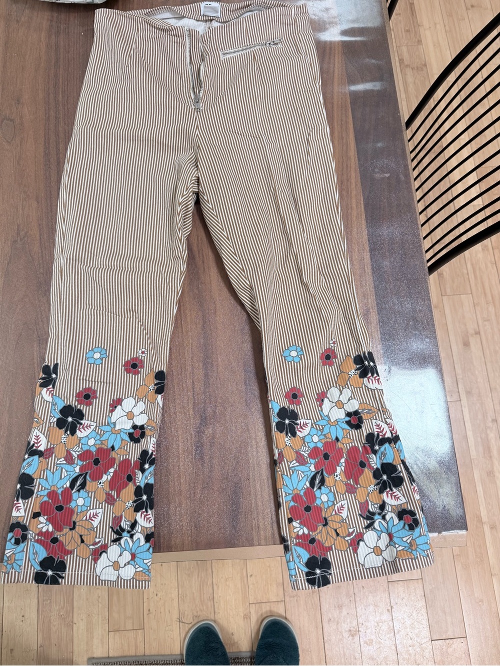 BDG Tan Pinstripe Boot Cut Pants with Multicolor Floral Hem